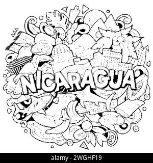 Illustration drôle de doodle vectorielle avec thème Nicaragua. Design dynamique et accrocheur, capturant l'essence de la culture et de la tradition d'Amérique centrale Illustration de Vecteur