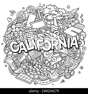 Dessin animé de Californie dessiné à la main illustration de doodle. Drôle de design d'État des États-Unis. Fond de vecteur d'art créatif. Texte manuscrit avec éléments et objets. Illustration de Vecteur