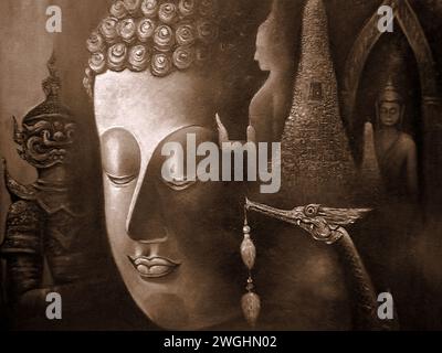 dessiné à la main original impressionnisme art peinture à l'huile religion statue de bouddha face temple thaïlande Banque D'Images