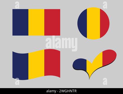 Drapeau du Tchad. Drapeau Tchad en forme de coeur. Drapeau du Tchad en forme de cercle. Variations de drapeau de pays Illustration de Vecteur