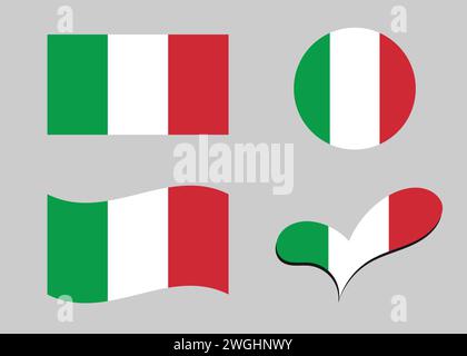 Drapeau de l'Italie. Drapeau de l'Italie en forme de coeur. Drapeau de l'Italie en forme de cercle. Variations de drapeau de pays Illustration de Vecteur