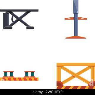 Les icônes de levage automatique définissent le vecteur de dessin animé. Tour de support pour monte-charge de cabine. Service de voiture, remplacement de roue Illustration de Vecteur