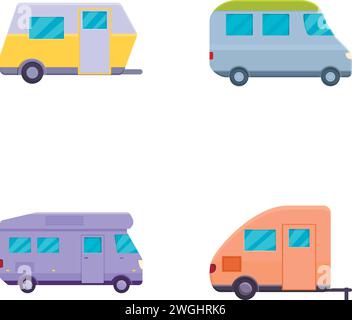 Les icônes de camping-car RV définissent le vecteur de dessin animé. Fourgonnette et camionnette avec remorque. Vacances d'été, voyage touristique Illustration de Vecteur