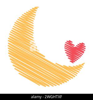 Croissant de lune avec art de ligne de coeur, doodle icône de glyphe isolé. Illustration vectorielle, éléments romantiques. Autocollant, patch, badge, carte pour mariage, valentin. Illustration vectorielle Illustration de Vecteur