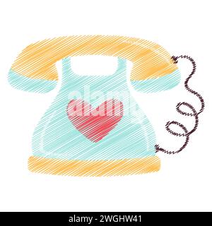 Joyeux Valentine rétro téléphone avec coeur. Message d'amour. Concept de la Saint-Valentin. Art au trait à la mode, illustration vectorielle doodle Illustration de Vecteur