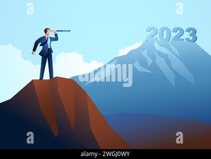 Homme d'affaires regardant le flou de l'année 2023 par télescope, prévision, prédiction dans les affaires, illustration vectorielle Illustration de Vecteur