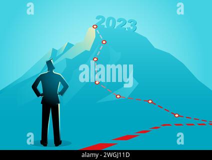 Homme d'affaires regardant le flou de l'année 2023 de la distance, prévision, prédiction dans les affaires, illustration vectorielle Illustration de Vecteur