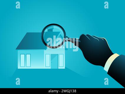 Homme utilisant la loupe inspectant une maison, évaluation de maison immobilière, illustration vectorielle Illustration de Vecteur