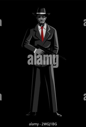 Illustration vectorielle plate simple d'un homme tenant une mitrailleuse, gangster, gangster, symbole de la mafia Illustration de Vecteur