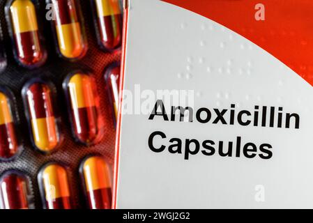 Capsules d'amoxicilline - antibiotique à base de péniciline pour le traitement des infections Banque D'Images