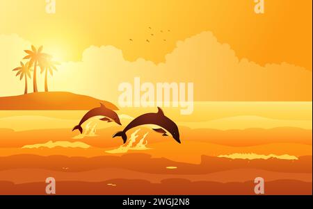 Beau panorama du coucher de soleil sur la plage, dauphins jouant près de l'île tropicale, illustration vectorielle Illustration de Vecteur