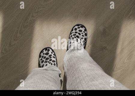 Femme portant des pantoufles de maison grises et debout sur un plancher de bois franc dans l'appartement Banque D'Images