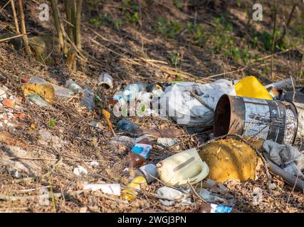 Déchets humains déversés dans la forêt. Les débris polluent la nature. Pas de tri des ordures. Boîtes de conserve parmi l'herbe. Vider les bouteilles sales usagées dans le concept de natu Banque D'Images