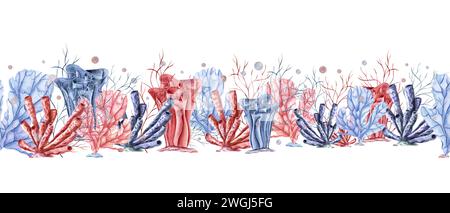 Bannière horizontale sans couture avec coraux sous-marins, plantes. Polypes colorés. Le monde sous-marin du lagon. Faune marine. Illustration aquarelle pour textile Banque D'Images