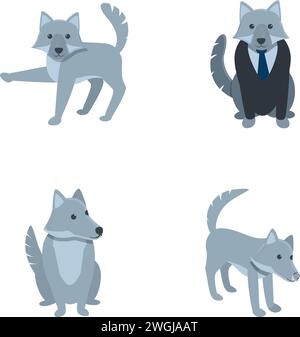 Icônes de loup mignon définir vecteur de dessin animé. Loup gris drôle. Personnage de dessin animé Illustration de Vecteur