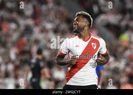 Buenos Aires, Argentine. 04th Feb, 2024. Miguel Borja de River plate célèbre un but lors de la Copa de la Liga 2024 Groupe A match entre River plate et Velez Sarfield à l'Estadio Mas Monumental Antonio Vespucio Liberti. (Photo de Manuel Cortina/SOPA images/SIPA USA) crédit : SIPA USA/Alamy Live News Banque D'Images