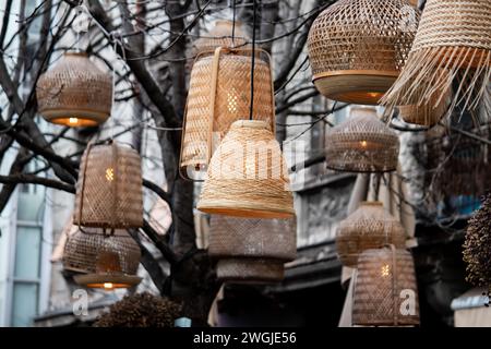 Lanternes décoratives lumières de fée en panier de tresse de bambou artisanal, installé sur l'arbre en public Banque D'Images