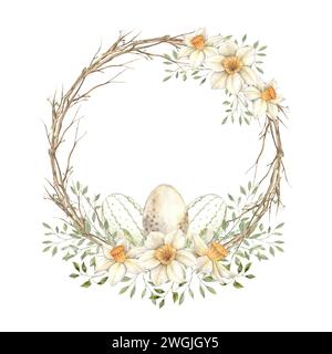 Couronne de Pâques aquarelle de branches de printemps, avec des feuilles vertes, jonquilles et œufs. L'illustration est dessinée à la main sur un fond isolé. Dessin Banque D'Images
