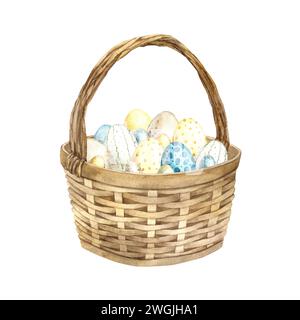 Panier marron aquarelle en osier de Pâques avec de beaux oeufs de Pâques multicolores. Illustrations dessinées à la main sur fond isolé pour cartes de vœux, in Banque D'Images
