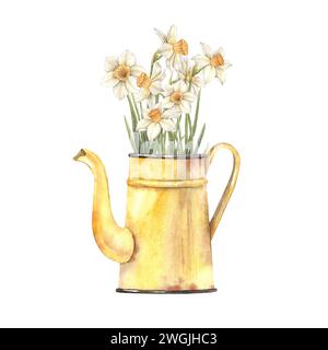 Arrangement floral aquarelle avec une cruche jaune et de belles jonquilles. Illustrations dessinées à la main sur fond isolé pour les cartes de voeux, invitatio Banque D'Images