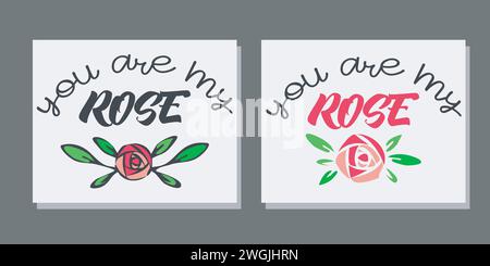 Lot de cartes festives adorables. Ligne de coup de pinceau de blob dessinée à la main, style graphique de dessin animé de doodle. Vous êtes ma rose - lettrage de texte. Vecteur Illustration de Vecteur