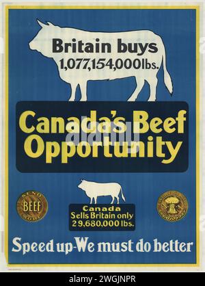 Affiche canadienne vintage de l'Office canadien de l'alimentation. Débouché du boeuf du Canada promouvoir des exportations plus élevées vers la mère-Grande-Bretagne vers 1918 Banque D'Images