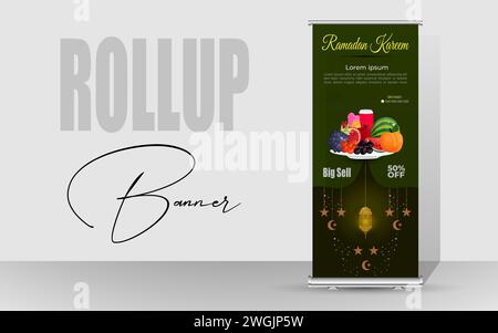 Joyeux Ramadan Roll Up Banner design. Bannière spéciale de conception de nourriture Ramadan. Ramadan Kareem Food Menu Sell Rollup Template. Illustration de Vecteur
