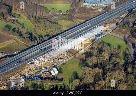 Luftbild, Baustelle mit Ersatzneubau Liedbachtalbrücke der Autobahn A1 nahe dem Autobahnkreuz Dortmund/Unna, Verkehrssituation, Massen, Unna, Ruhrgebiet, Nordrhein-Westfalen, Deutschland ACHTUNGxMINDESTHONORARx60xEURO *** vue aérienne, chantier de construction avec remplacement du pont Liedbachtal de l'autoroute A1 près de l'échangeur Dortmund Unna, situation du trafic, masses, Unna, région de la Ruhr, Rhénanie du Nord-Westphalie, Allemagne ATTENTIONxMINDESTHONORARx60xEURO Banque D'Images