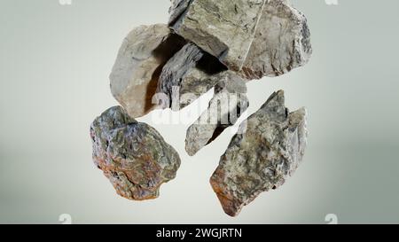 fond abstrait avec des pierres en lévitation roches pavées, flotteur de roche de météorite astéroïde, fragments de pierre, rendu 3d. Banque D'Images