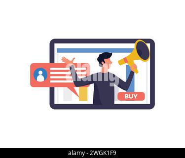 Style plat de dessin animé d'un homme d'affaires sortant d'un écran d'ordinateur tenant le mégaphone. Offre de produit avec remise ou vente. Marketing numérique Illustration de Vecteur