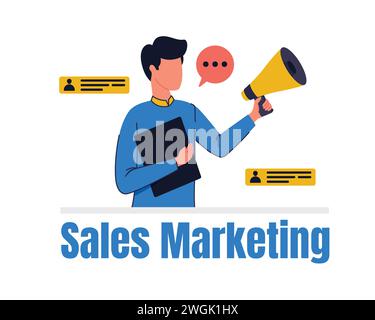 Concept de marketing des ventes. Homme tenant le mégaphone. Illustration vectorielle moderne simple dans un design de style plat Illustration de Vecteur