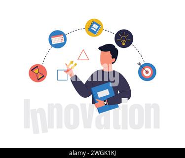 Bussinesman entouré d'un concept d'innovation d'icône de processus d'affaires. Homme d'affaires travaillant avec un nouveau projet de démarrage. Illustration vectorielle de style plat Illustration de Vecteur