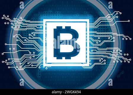 Hologramme de symbole Bitcoin avec interface de carte mère de contacts. Concept minier et blockchain. rendu 3d. Banque D'Images