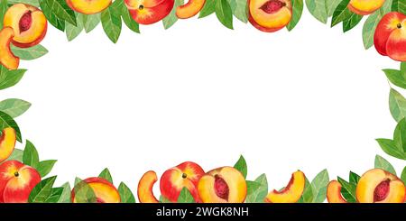 Cadre rectangulaire fait de fruits. Aquarelle éléments de pêches et nectarines, tranches de fruits juteux dessinés à la main à l'aquarelle. Banque D'Images