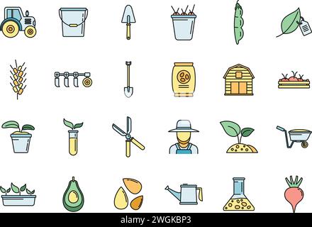 Icônes des outils agronomes définies. Ensemble de contours d'icônes vectorielles d'outils agronomes couleur de ligne mince plat sur blanc Illustration de Vecteur