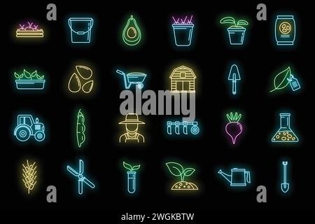 Icônes des outils agronomes définies. Ensemble de contours d'icônes vectorielles d'outils agronomes couleur néon sur noir Illustration de Vecteur