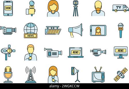 Icônes d'entrevue du présentateur TV définies. Ensemble de contour des icônes vectorielles d'interview de présentateur de télévision couleur de ligne mince plat sur blanc Illustration de Vecteur