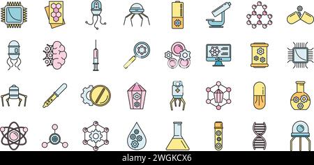 Jeu d'icônes de science de nanotechnologie. Ensemble de contours d'icônes vectorielles de science de nanotechnologie couleur de ligne mince plat sur blanc Illustration de Vecteur