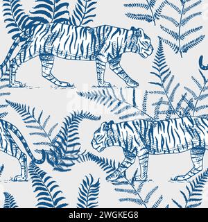 Tigres japonais aux feuilles tropicales. Toile de jouy jungle. Animal sauvage avec des plantes vertes. Bannière ou affiche pour la publicité ou le web. Illustration de Vecteur