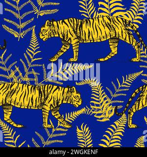 Tigres japonais aux feuilles tropicales. Toile de jouy jungle. Animal sauvage avec des plantes vertes. Bannière ou affiche pour la publicité ou le web. Illustration de Vecteur