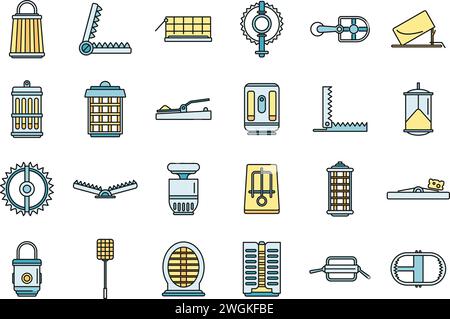 Jeu d'icônes de piège d'animaux chasseur. Ensemble de contour d'icônes de vecteur de piège d'animaux de chasse couleur mince de ligne plate sur blanc Illustration de Vecteur