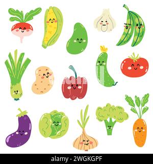 Ensemble de légumes dessinés à la main dans le style kawaii de bande dessinée. Mignon légumes mûrs dans un style enfantin pour l'impression, le menu, le jeu d'enfants. Illustration de Vecteur