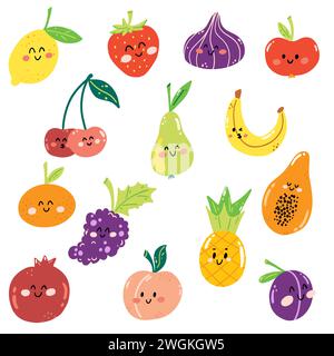 Ensemble de fruits dessinés à la main dans le style kawaii de bande dessinée. Mignon fruit juteux dans un style enfantin pour l'impression, le menu, le jeu d'enfants. Illustration de Vecteur