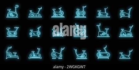Jeu d'icônes de vélo d'exercice moderne. Ensemble de contour d'icônes vectorielles modernes de vélo d'exercice couleur néon sur noir Illustration de Vecteur
