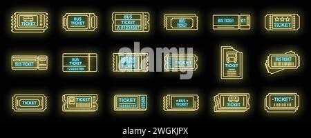 Icônes de carte d'émission de bus définies. Ensemble de contour d'icônes vectorielles de carte de billetterie de bus couleur néon sur noir Illustration de Vecteur