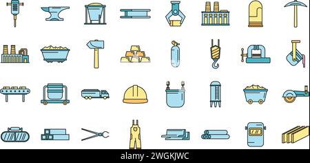 Jeu d'icônes de l'industrie de la métallurgie. Ensemble de contours d'icônes vectorielles de l'industrie de la métallurgie couleur mince plat sur blanc Illustration de Vecteur