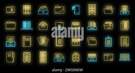 Stockage de bureau des icônes de documents défini. Ensemble de contour de stockage de bureau des icônes vectorielles de documents couleur néon sur noir Illustration de Vecteur