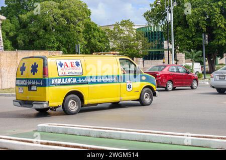 Merida Mexique, Zona Paseo Montejo Centro, ambulance jaune, signe d'information, promotion de la publicité de promotion, latino hispanique mexicain, espagnol Banque D'Images