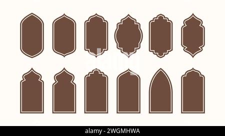 Collection de fenêtres et d'arches islamiques de style oriental avec des dessins de silhouette, des dômes de mosquée et des lanternes Illustration de Vecteur