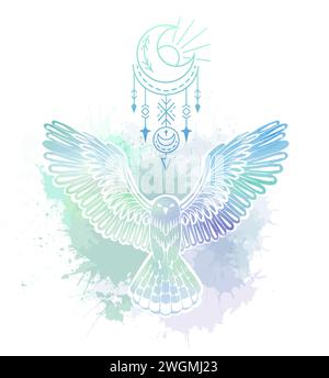 Illustration mystique vectorielle d'un oiseau avec des éclaboussures d'aquarelle bleue et des symboles de lune sur fond blanc. Silhouette d'un hibou avec des sprays de teinture. Illustration de Vecteur